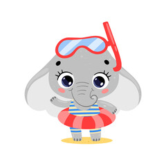 Vector flat illustration of cute cartoon summer elephant with swimming ring and diving mask. Summer tropical animals on the beach