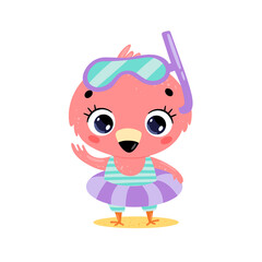 Flat illustration of cute cartoon summer flamingo with swimming ring and diving mask. Summer tropical animals on the beach