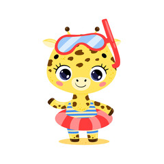 Vector flat illustration of cute cartoon summer giraffe with swimming ring and diving mask. Summer tropical animals on the beach