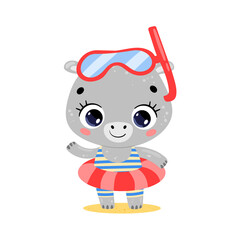 Flat illustration of cute cartoon summer hippo with swimming ring and diving mask. Summer tropical animals on the beach