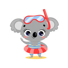 Flat illustration of cute cartoon summer koala with swimming ring and diving mask. Summer tropical animals on the beach