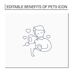 Pets benefits line icon. Emotional attachment to animal. Love, connecting between dog and man.Animal caring concept. Isolated vector illustration.Editable stroke