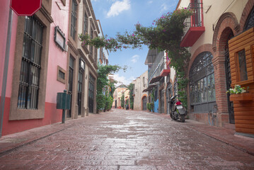 beautiful street of a magical town in Tequisquiapan Queretaro Mexico, blue sky
