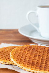 Isolated die cut clipping path traditional authentic Dutch Netherland sweet fresh homemade delicious tasty stack brown golden waffle piece butter caramel honey dessert cafe coffee tea call Stroopwafel
