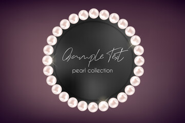 Vector pearl necklace on dark background. Shiny oyster pearls for luxury accessories. Chains of pearls forming a round  ornament on pedestal. Beautiful natural jewelry. Vector illustration EPS10