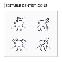 Dentist line icons set. Dental treatment, oral diseases, tooth health and care, surgery. Healthcare concept. Isolated vector illustration. Editable stroke