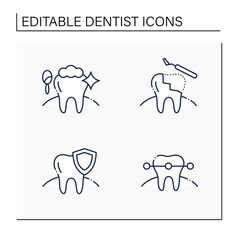 Obraz premium Dentist line icons set. Cosmetic dentistry procedures, restorative dentistry, tooth braces. Healthcare concept. Isolated vector illustration. Editable stroke