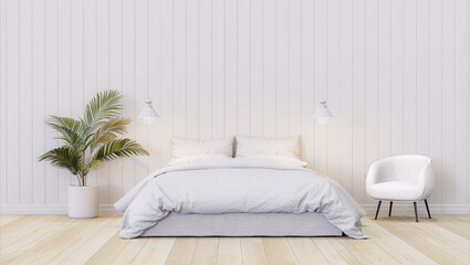 Minimal style bedroom with empty white plank wall 3d render,There are wooden floor decorate with small yellow palm.