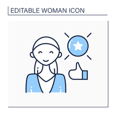 Success woman line icon. Wealth attainment, favor, or eminence. Status of having achieved and accomplished. Successful startup concept. Isolated vector illustration.Editable stroke