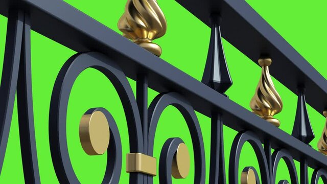 Iron railings. Wrought iron. Forged detail. 3D rendering. Metal work. Balcony. Luxury handrails. Isolated. Iron fence. Green screen. Chroma key background. Blacksmithing. Looping. Forged details.