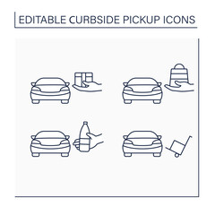 Curbside pickup line icons set. Contactless parcel, cargo obtaining. Courier delivery. Shopping concept. Isolated vector illustrations. Editable stroke