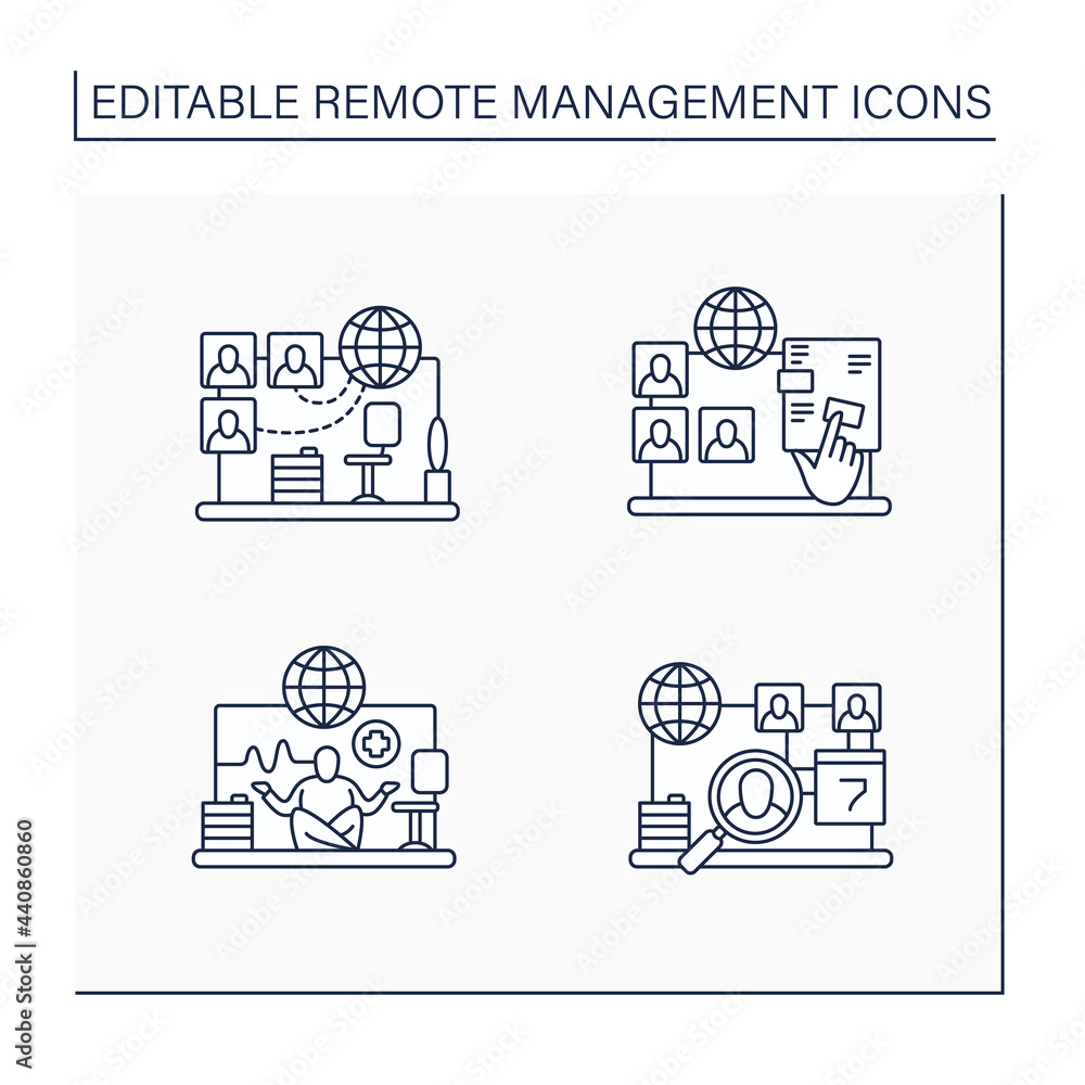 Poster remote command management line icons set. virtual office, interactive documents, work conditions, da