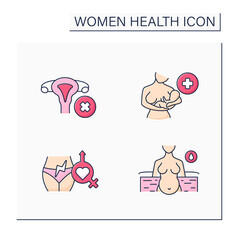 Women health color icons set. Gynecology. Reproductive system diseases. Waterbirth, sexual pain, lactation infertility. Healthcare concept. Isolated vector illustrations