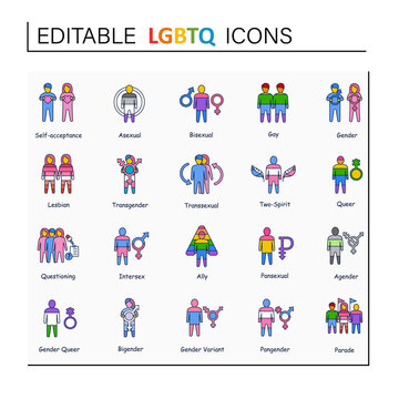 LGBTQ collections line icons. Consists of bisexual, intersex, and ally. Pansexual, agender and bigender. Sexual orientations. LGBTQ community concept.Isolated vector illustrations