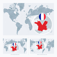 Magnified France over Map of the World, 3 versions of the World Map with flag and map of France.