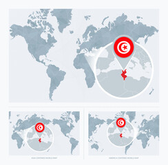 Magnified Tunisia over Map of the World, 3 versions of the World Map with flag and map of Tunisia.
