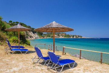 Fabulous Porto Roma sandy beach. It is situated on Vassilikos peninsula on the south east coast of Zakynthos island, Greece.
