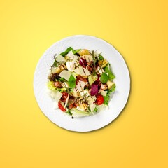 Classic tasty salad with fresh vegetables, cheese. Healthy food.