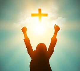 Human hands open palm up worship. Christian Religion concept background.