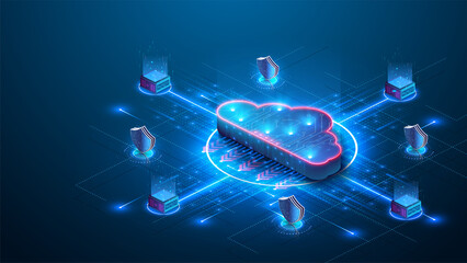 Cloud storage. A digital service or application that transfers data to a server or hosting service. Data transfer protection and data center connection network. Web-based cloud. Vector illustration - obrazy, fototapety, plakaty