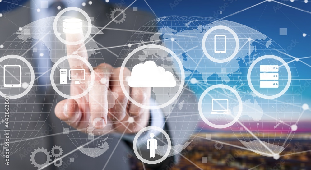 Poster data storage concept with businessman pushes a button with cloud service icons.