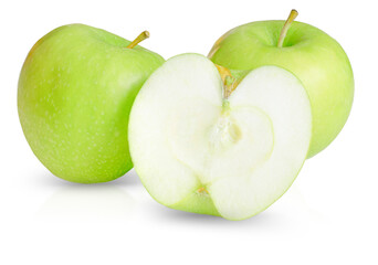 Green isolated apple and a variety of isolated apple slices.