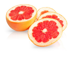 Naklejka na ściany i meble Cut into half and slices of grapefruit isolated.