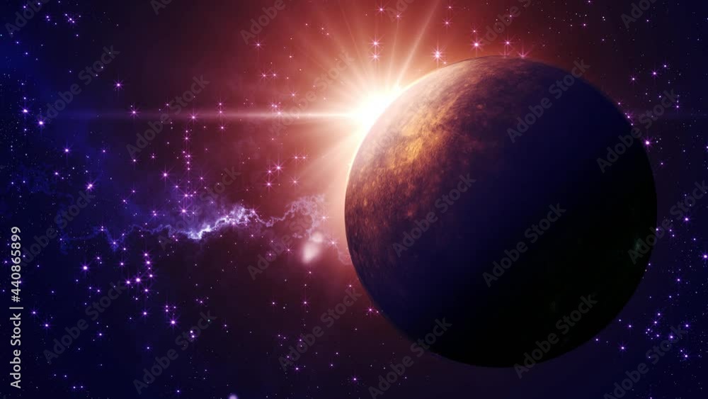 Poster sun flare light over rotating mercury planet with twinkling starry heaven outer space and nebula clo