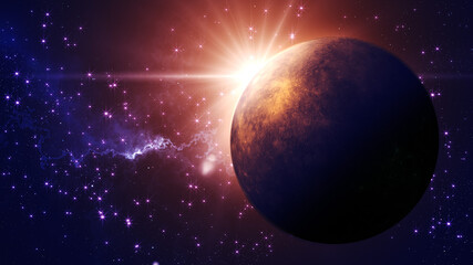 Sun Flare Light Over Mercury Planet On Golden Blue Shine Starry Heaven Outer Space With Nebula Cloud Background 3d Illustration