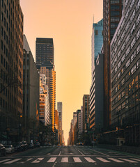 city skyline street New York vacation travel road Manhattan usa car skyscrapers sky yellow orange buildings 