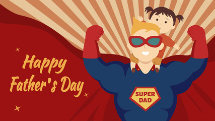 Father's day retro style illustration with radioactive background.  Litlle girl sat on the shoulders of his dad dressed as superman.