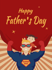 Father's day retro style illustration with radioactive background.  Litlle girl sat on the shoulders of his dad dressed as superman.