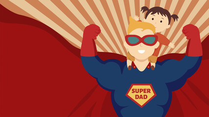 Father's day retro style illustration with radioactive background.  Litlle girl sat on the shoulders of his dad dressed as superman.