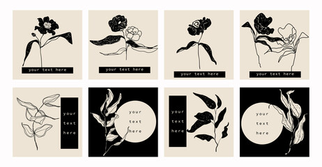 Bundle of editable insta templates. Vector layouts with hand drawn flowers and leaves. Trendy design for social media marketing.