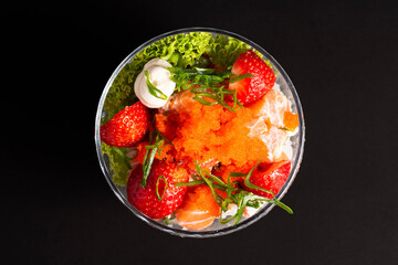 bowl with rice, salmon and strawberries Japanese food in Brazil
