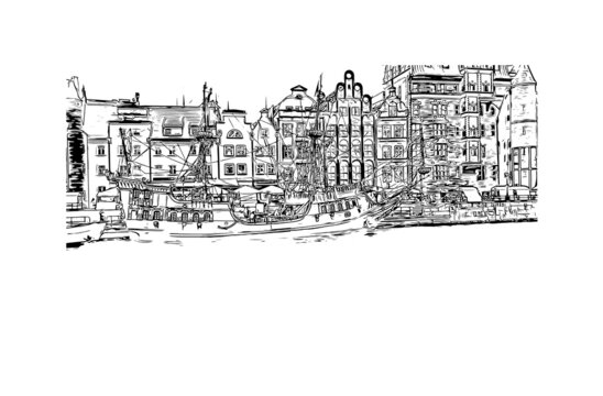 Building view with landmark of Gdansk is the 
city in Poland. Hand drawn sketch illustration in vector.