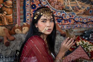 Obraz na płótnie Canvas Asian woman attractive model dressed in posh, gildet, indian costume