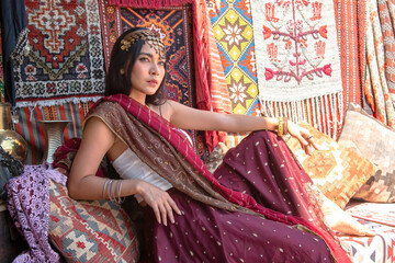 Fototapeta premium Asian woman attractive model dressed in posh, gildet, indian costume