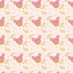 Seamless pattern of a cute sleeping mouse. Cartoon style. Hand drawn illustration. Design for T-shirt, textile and prints.