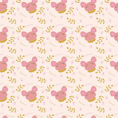 Seamless pattern of a cute sleeping mouse. Cartoon style. Hand drawn illustration. Design for T-shirt, textile and prints.