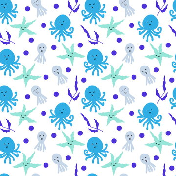 Cartoon style doodle seamless pattern of underwater octopuses and starfish. Hand drawn illustration. Perfect for scrapbooking, textile and prints.