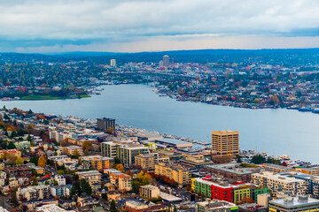 Obraz premium Seattle, City view of Seattle, top view of downtown Seattle skyline in Seattle Washington, USA