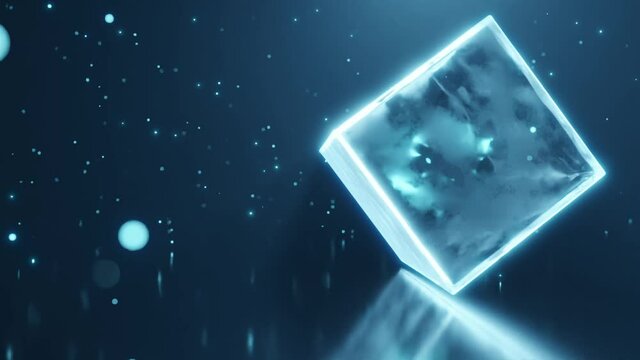A 3D animation of rotating cube against blue fairy background in 4K