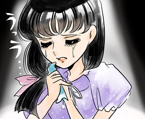 70's Japanese Shojo manga’s lady crying  with big tears painting under a spotlight 