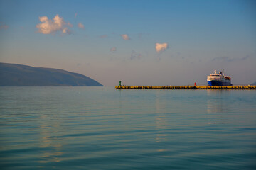 VLORA - VLORE, ALBANIA: A huge blue ship moored in the Albanian port of Vlora.