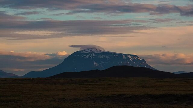 Motion Timelapse Of Clouds And People At Herdubreid Mountain In Eastern Iceland On A Sunset.