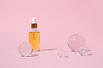 Dropper glass bottles with pipette. Transparent hyaluronic natural beauty product and eco serum skin care concept. Top horizontal view copyspace.