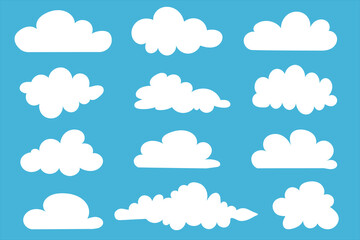 Cloud vector icon symbols set. White clouds cartoon shape drawing flat style on blue sky abstract background, graphic vector illustration element for website, logo, web banner, sticker and any design

