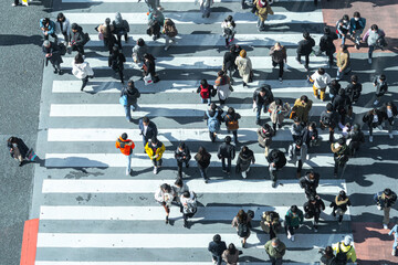 group of people walk on across the pedestrian concrete landscape in the city street (Aerial top...