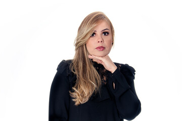 blonde serious woman wearing black outfit on white background
